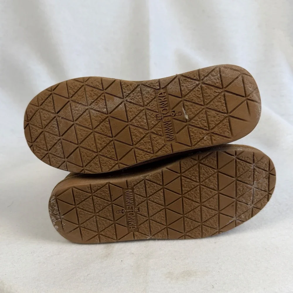Minnetonka Suede Sheepskin Lined Boots‎ Brown Moc Toe Womens Size 6 Winter Cozy